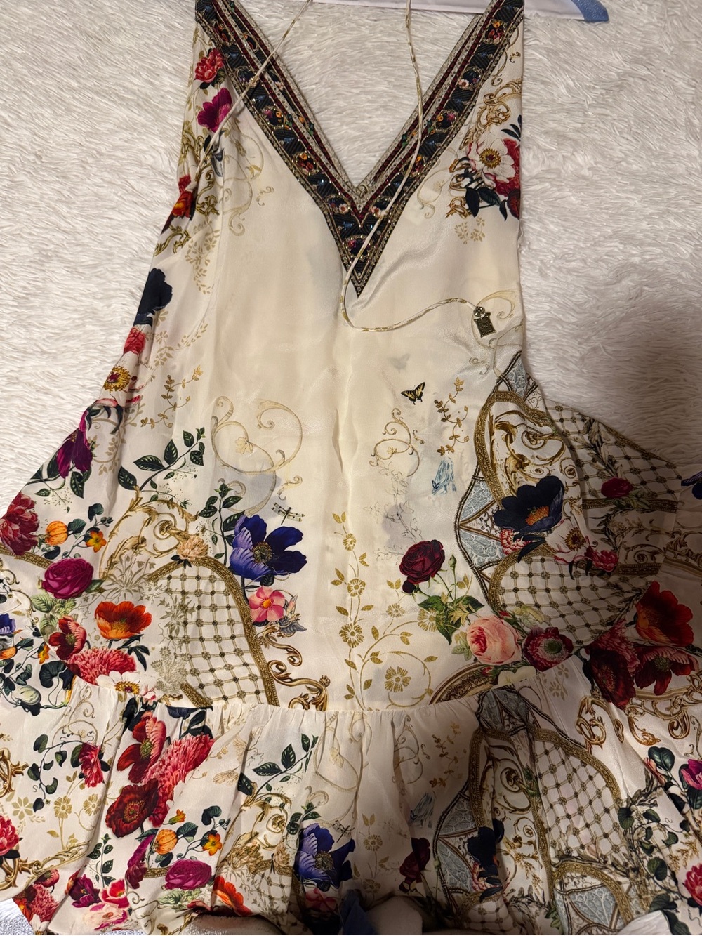 Camilla Cream Floral Tie-Waist Tiered Sundress 100% silk - Picture 5 of 7